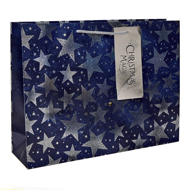 Navy & Silver Stars Extra Large Landscape Christmas Gift Bag