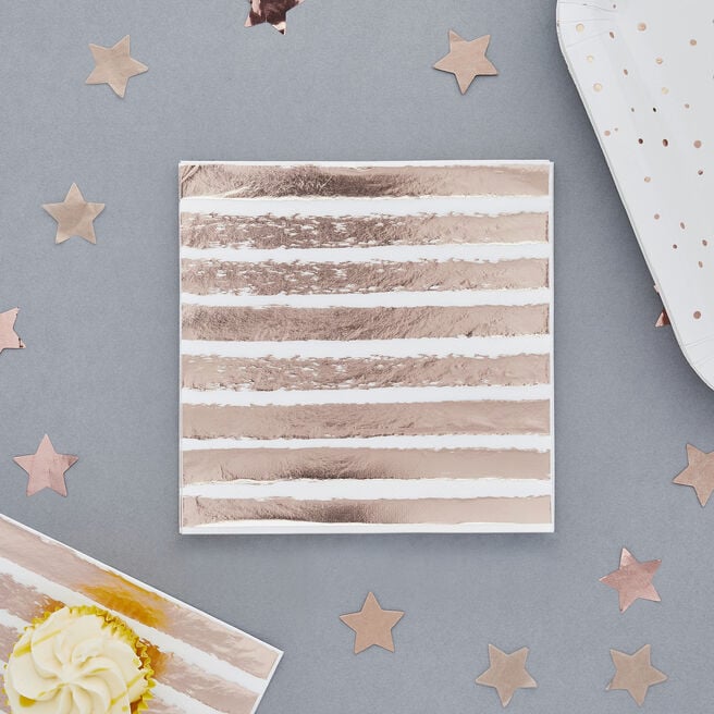 Metallic Rose Gold Striped Paper Napkins - Pack of 16