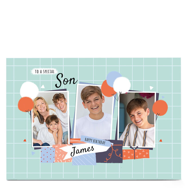 Photo Little Mono Birthday Card - Son 3 Photos Green