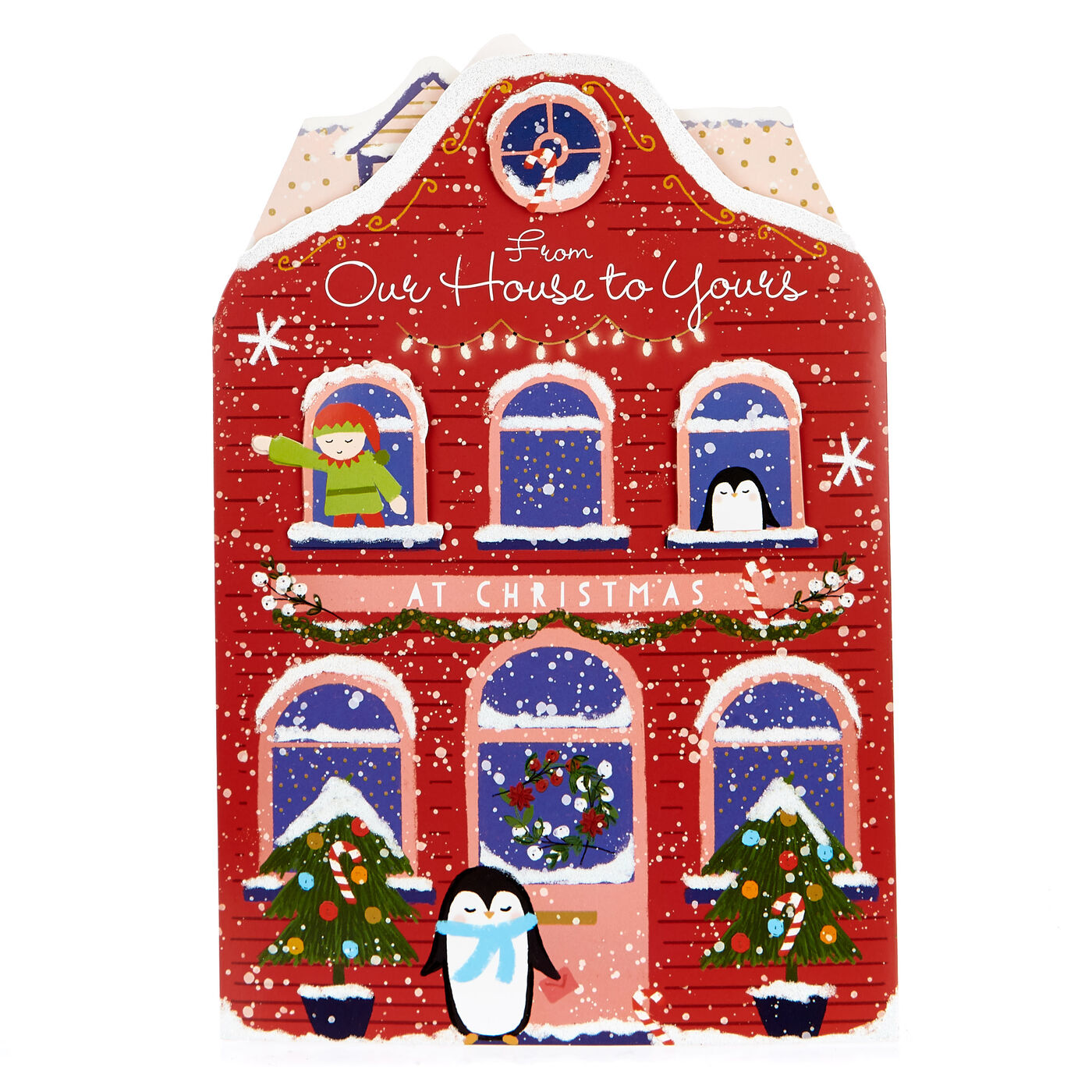 Weihnachtskarte 'Our House To Yours' – Gemütliches Haus Mit Schneemann, Umweltfreundlich