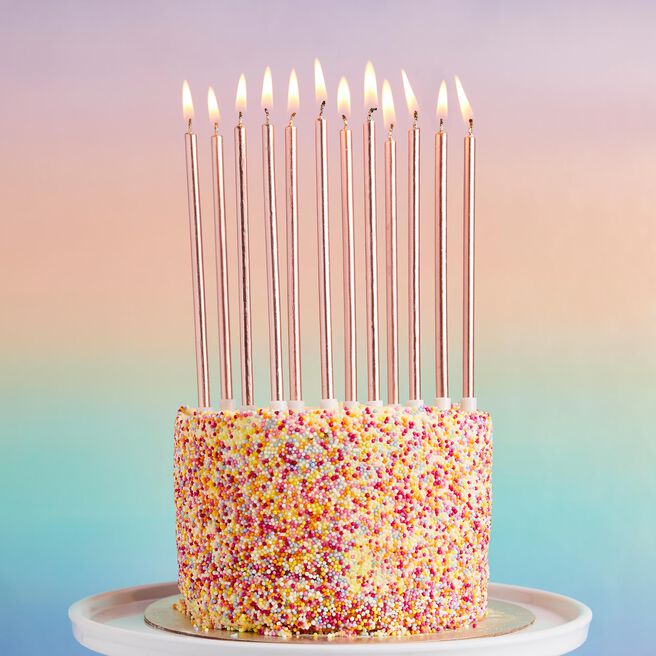 Rose Gold Tall Skinny Cake Candles - Pack of 12