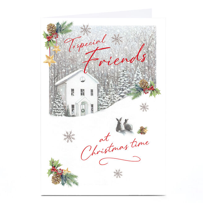 Personalised Christmas Card - House in Woods with Rabbits, Friends