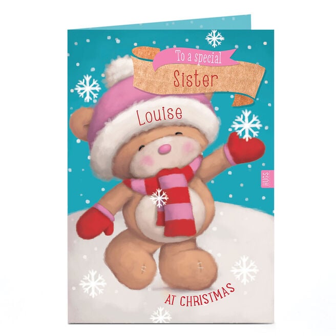 Personalised Hugs Bear Christmas Card - Catching Snowflakes