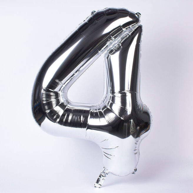 Silver Number 4 Giant Foil Helium Balloon INFLATED