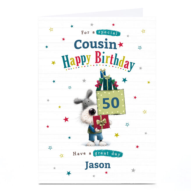 Personalised Birthday Card - Dog & Gifts Cousin, Editable Age