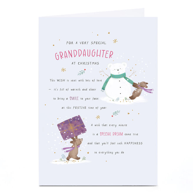 Personalised Christmas Card - Cute Bear with Snowman and Present, Granddaughter