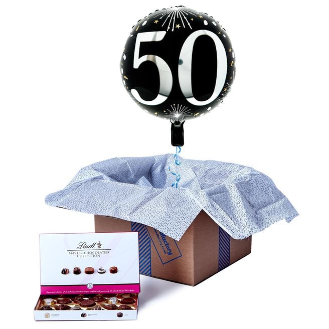 Silver & Black 50th Birthday Balloon & Lindt Chocolate Box - FREE GIFT CARD!