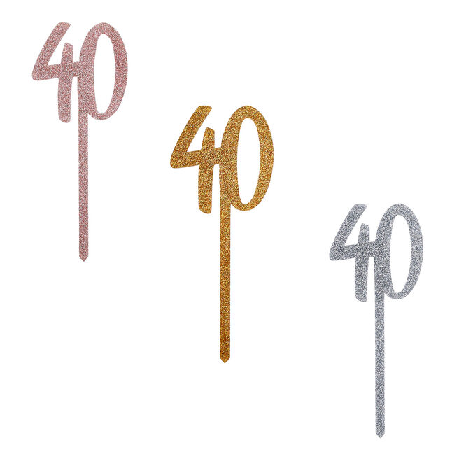 Metallic 40 Glitter Acrylic Cake Topper (3 Colour Options)