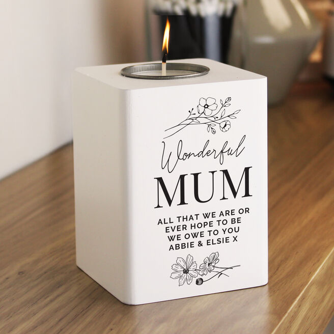 Personalised Floral White Wooden Tea light Holder