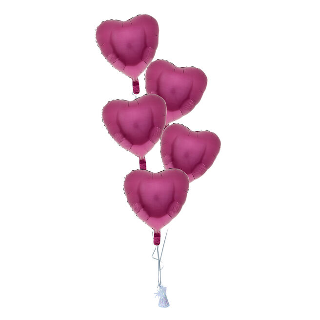 5 Satin Pomegranate Hearts Balloon Bouquet - DELIVERED INFLATED! 