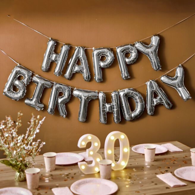 Happy Birthday Letter Balloon Banner - Silver