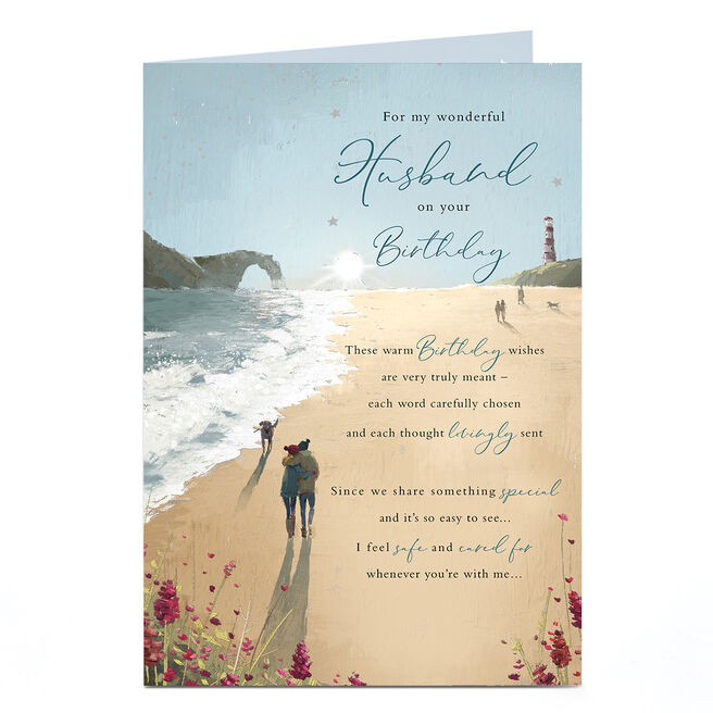 Birthday Card - Romantic Walk on The Beach, Husband