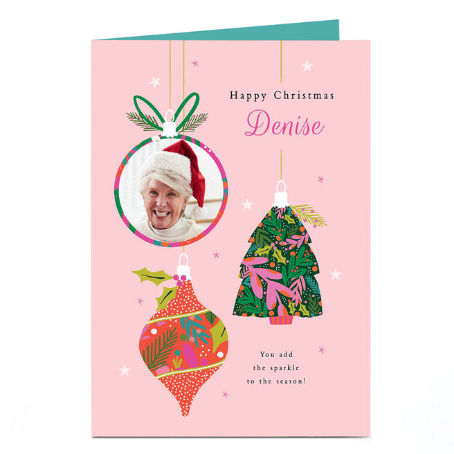 Photo Christmas Card - Pink Modern Baubles, Any Name
