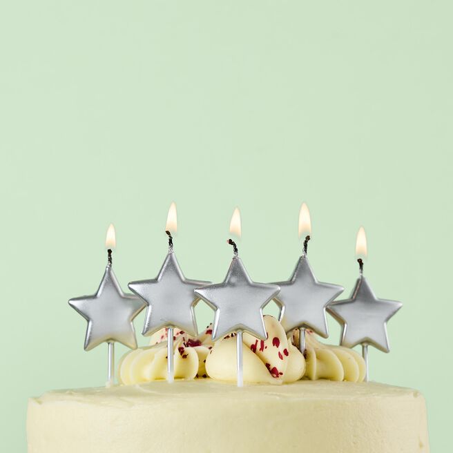 Silver Metallic Star Cake Candles - Pack of 5