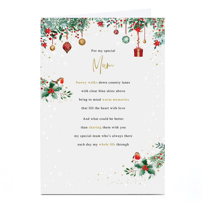 Personalised Christmas Card - Robins and Baubles, Mum