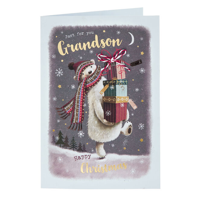Grandson Cute Bear With Gifts Christmas Card
