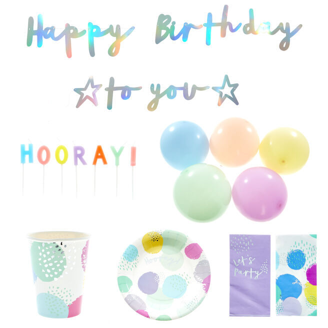 Pastel Happy Birthday Party Tableware & Decorations Bundle - 10 Guests