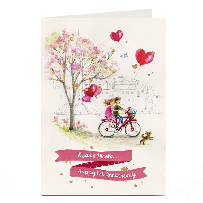 Personalised Any Message Card - Bicycle & Love Heart Balloons