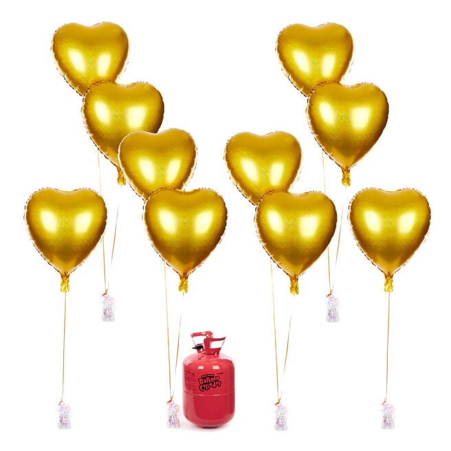 Party Balloon Bundle - 10 Gold Hearts & Helium 