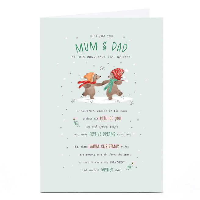 Personalised Christmas Card - Bear Couple in Hats and Scarves, Mum & Dad