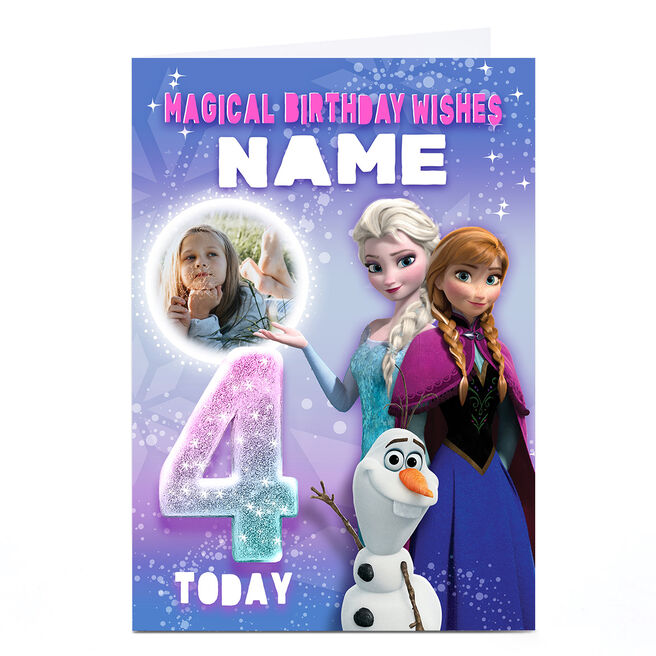 Photo Disney Frozen 4th Birthday Card - Anna, Elsa & Olaf, Any Name