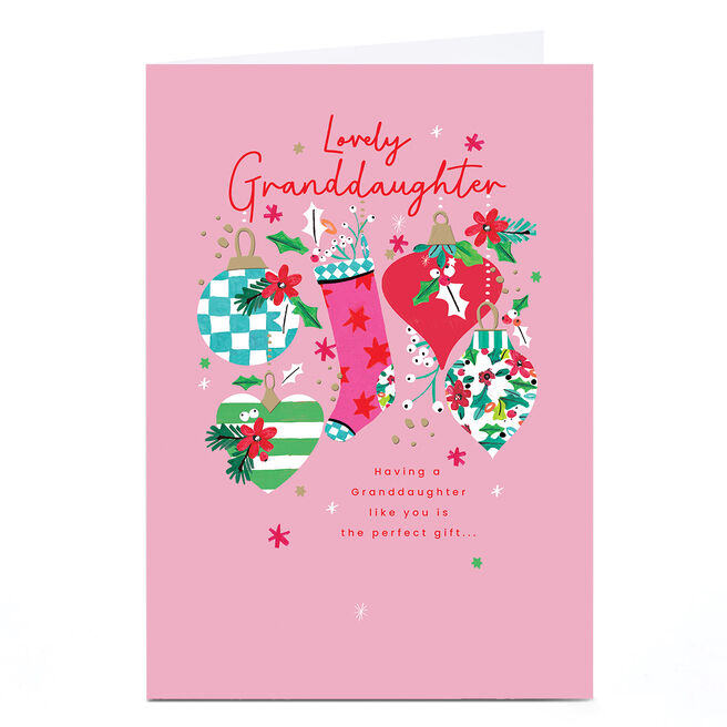 Personalised Christmas Card - Stocking and Baubles, Granddaughter
