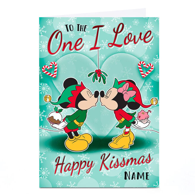 Personalised Mickey & Minnie Christmas Card - Happy Kissmas, One I Love