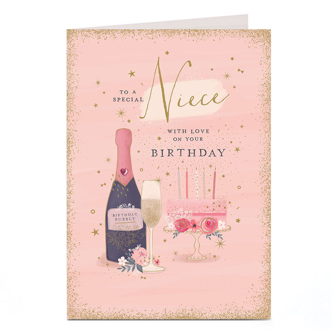Birthday Card - Sparkle Champagne and Cake, Niece
