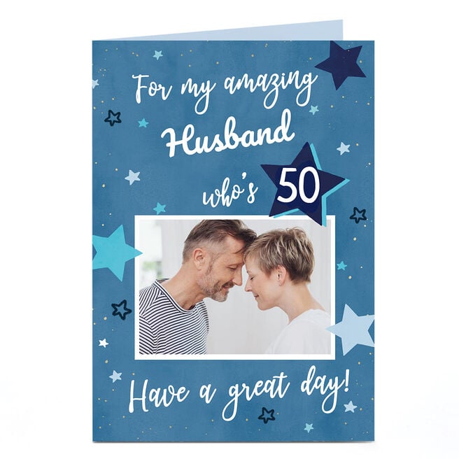 Photo 50th Birthday Card - Blue Stars, Husband, Editable Age