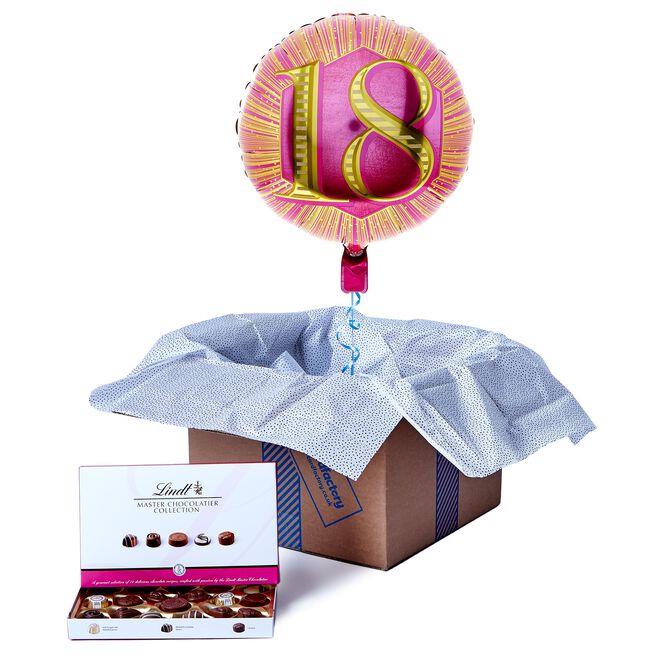 Pink & Gold 18th Birthday Balloon & Lindt Chocolate Box - FREE GIFT CARD!