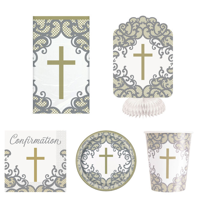 Gold & Silver Confirmation Tableware & Decorations - 16 Guests