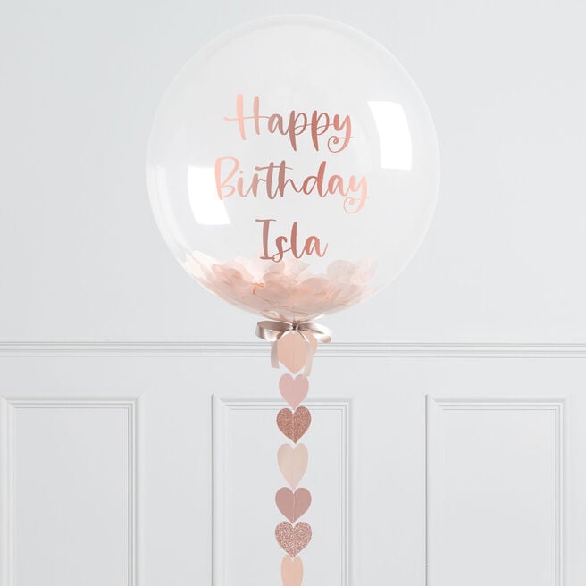 Personalised 20-Inch Rose Gold Heart Confetti Bubblegum Balloon - DELIVERED INFLATED!