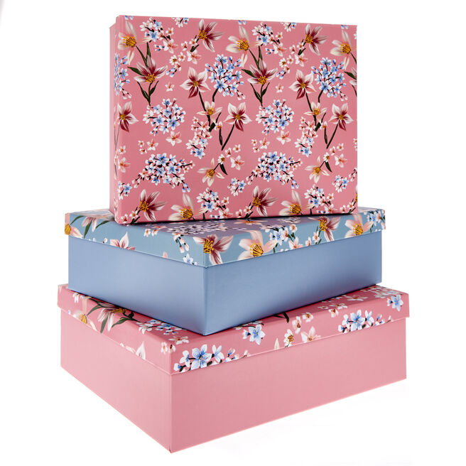 Blue & Pink Botanical Gift Boxes - Set Of 3