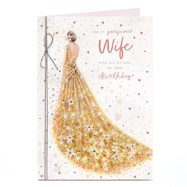 Birthday Card - Gorgeous Gold Sparkle Dress, Wife