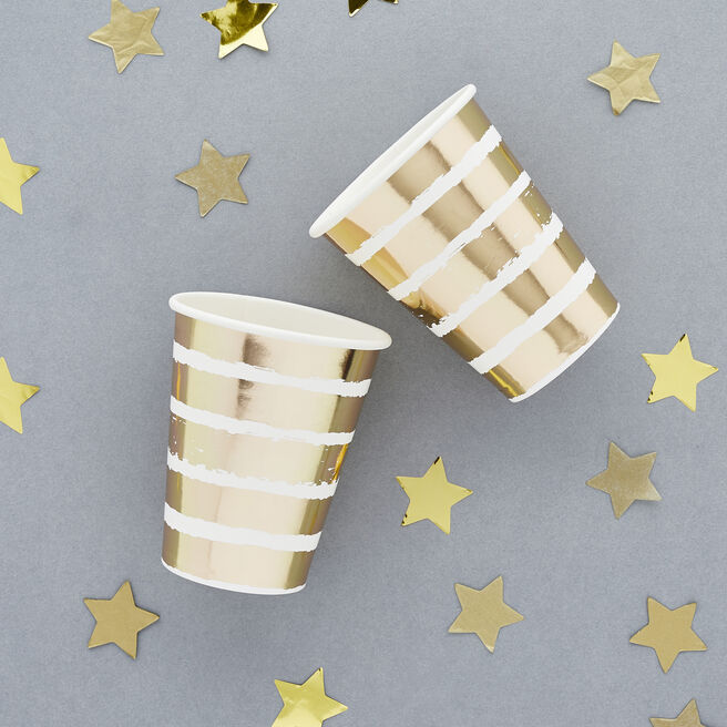 Metallic Gold Striped Paper Cups - Pack of 8