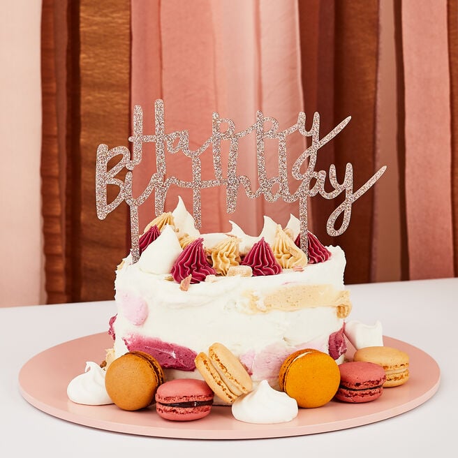 Metallic Rose Gold Happy Birthday Glitter Acrylic Cake Topper