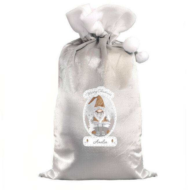 Personalised Christmas Gonk Luxury Silver Grey Pom Pom Sack