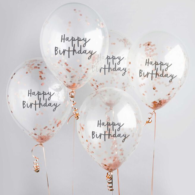 Metallic Rose Gold Happy Birthday Confetti 12 Inch Latex Balloons - Pack of 5