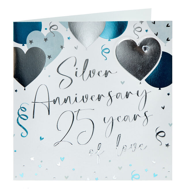 Foil Heart Balloons Silver 25th Wedding Anniversary Card