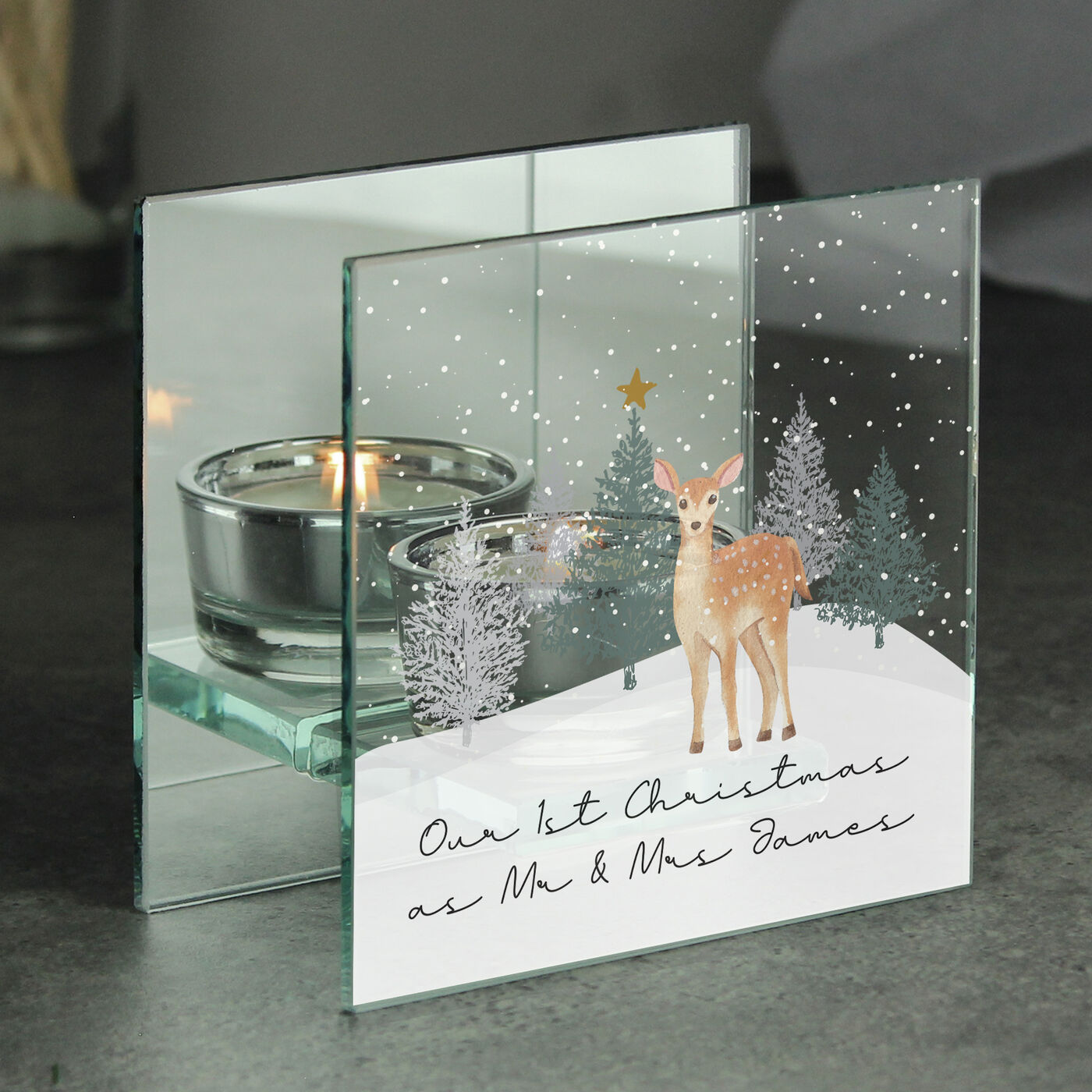 Buy Personalised Christmas Deer Glass Tea Light Candle Holder for GBP