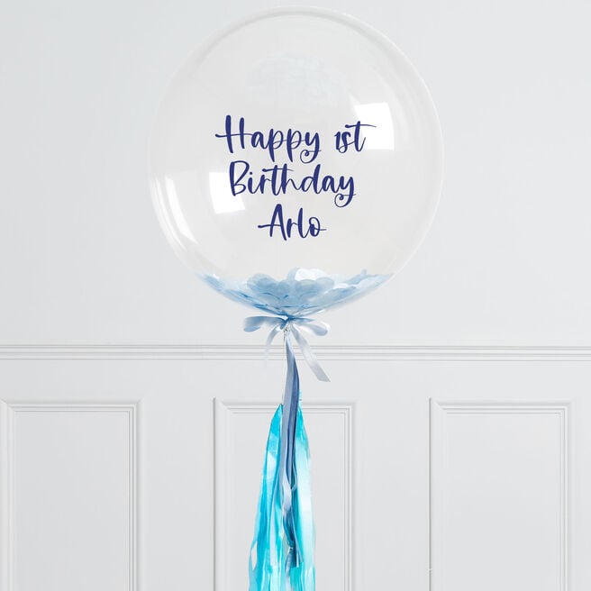 Personalised Baby Blue Confetti Tassel Bubblegum Balloon - DELIVERED INFLATED!