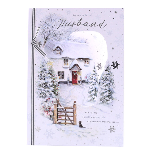 Christmas Card - Wonderful Husband, Traditional Snowy House