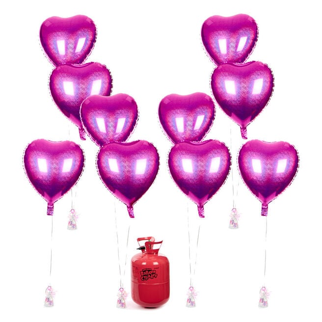 Party Balloon Bundle - 10 Fuchsia hearts & Helium 
