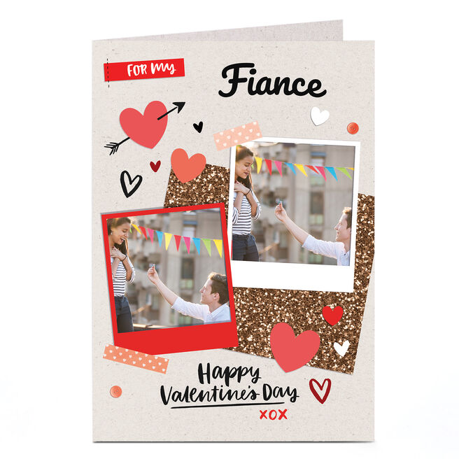 Photo Upload Valentine's Card - Red Hearts & Polaroids, Fiance