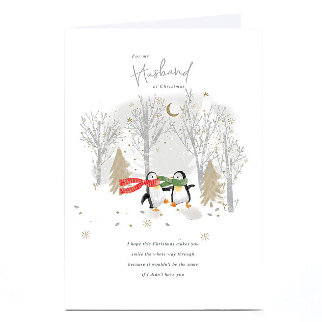 Personalised Christmas Card - Penguin Couple in The Woods, Husband