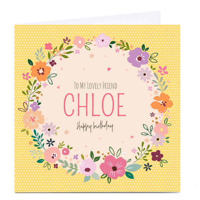 Personalised Nikki Upsher Birthday Card - Yellow Floral Wreath