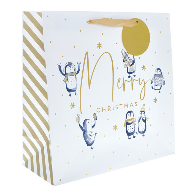 Large Square Merry Christmas Penguins Gift Bag