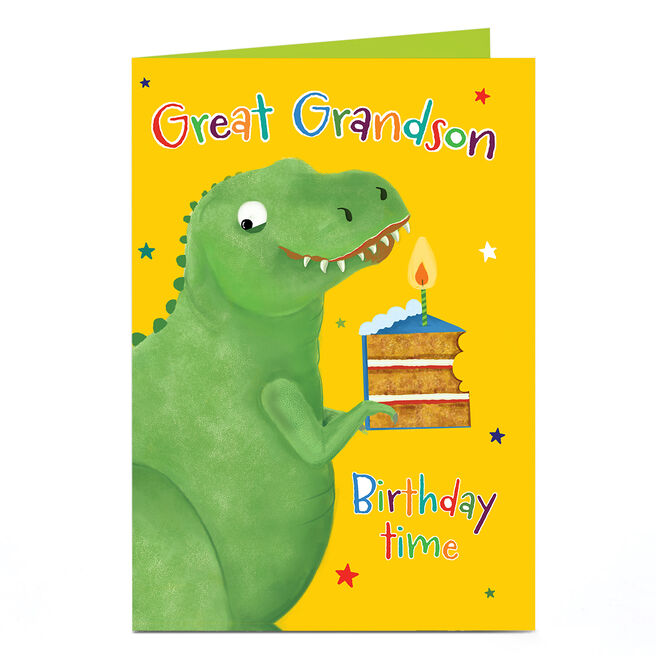 Birthday Card - T-Rex Dinosaur with Cake, Great Grandson