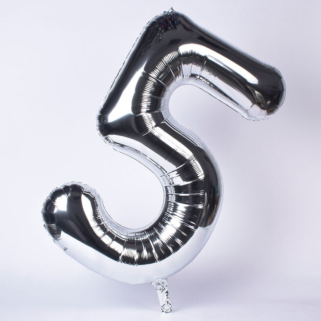 Silver Number 5 Giant Foil Helium Balloon INFLATED