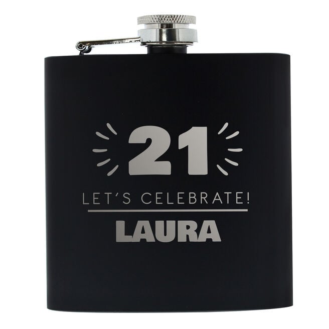 Personalised 21st Birthday Hip Flask - Black & Silver 